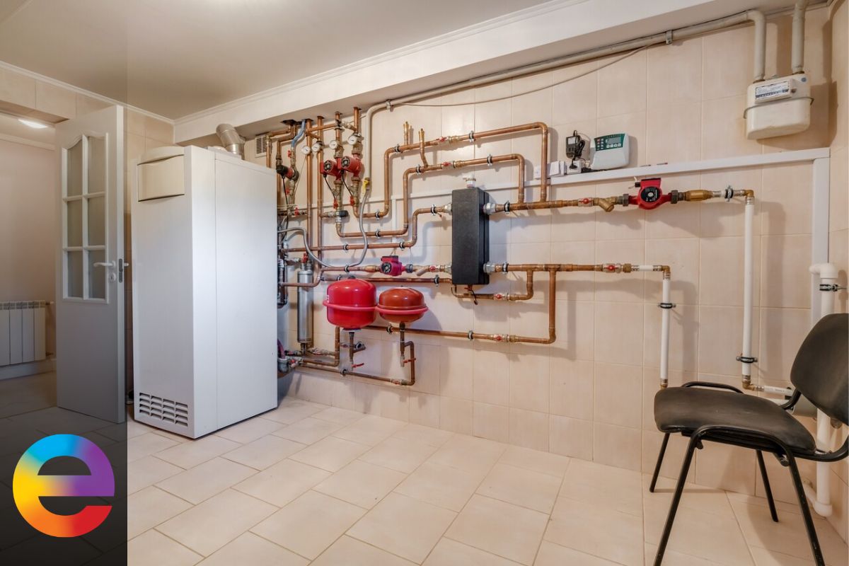 Fotografie a pompei de căldură cu conductele din camera cazanelor.